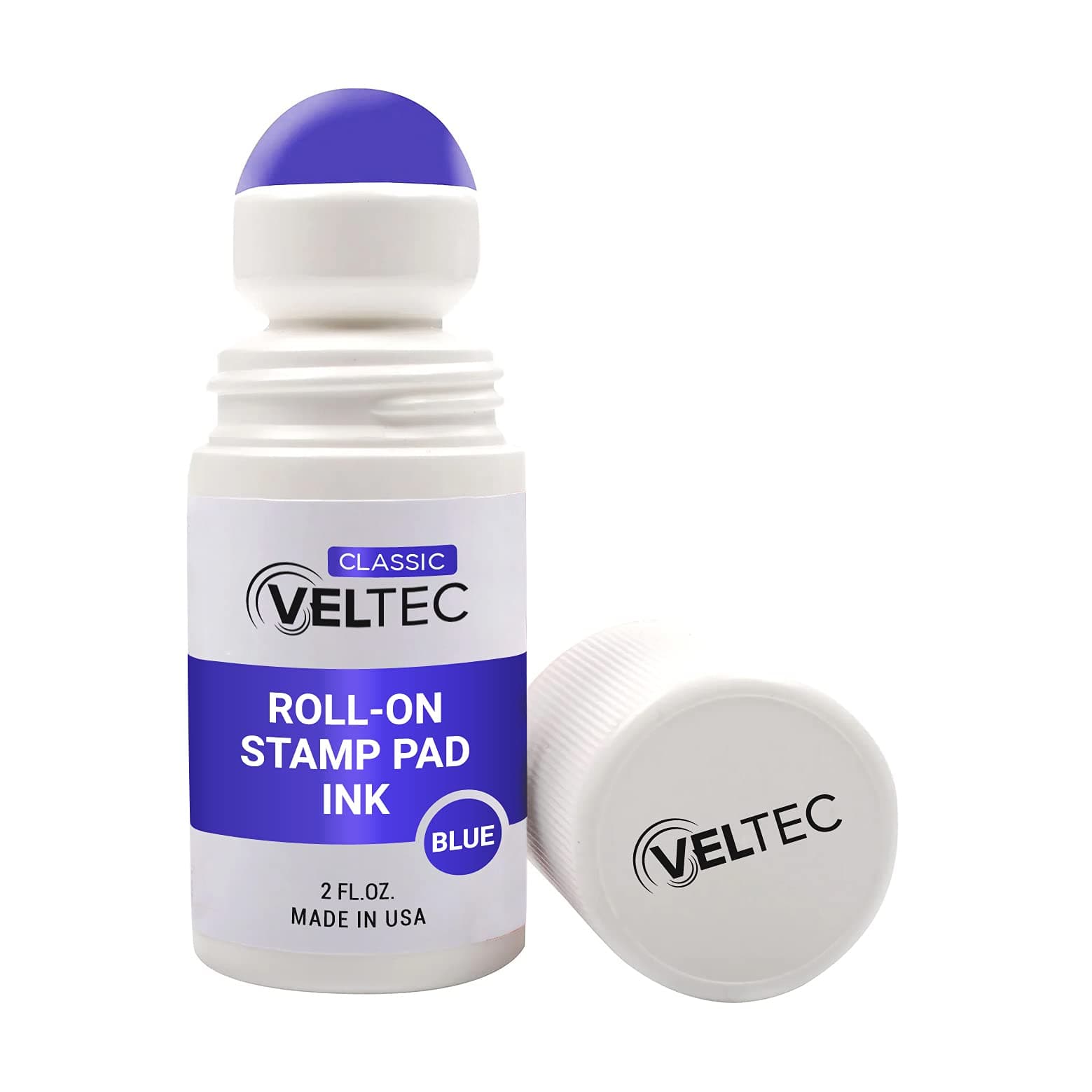 Veltec Classic Roll-on Stamp Pad Ink Refill, 2 oz Bottle, Apply to Ink Pad with Roller Ball (Blue)