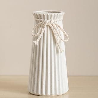 White Ceramic Vase for Flowers and Pampas Grass, Small Ribbed Vase in Modern Nordic Rustic Style for Home Decor, 8 Inch Decorative Table Vase for Centerpieces - Natural White