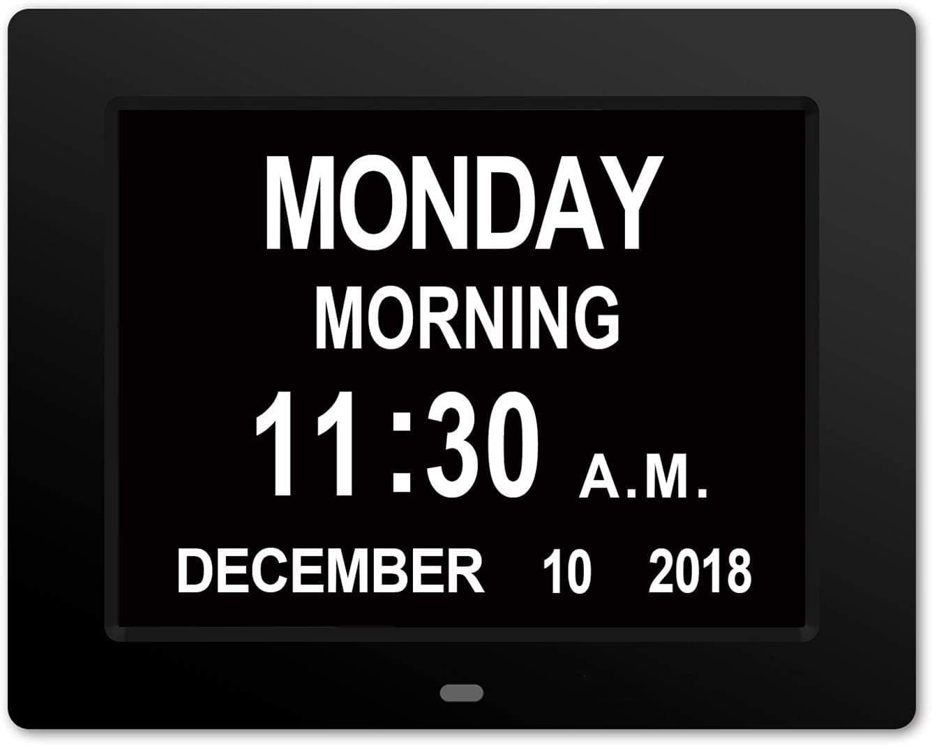 Clear Clock [Newest Version] Extra Large Digital Memory Loss Calendar Day Clock With Optional Day Cycle + Alarm Perfect For Elderly + Impaired Vision Dementia Clock Black