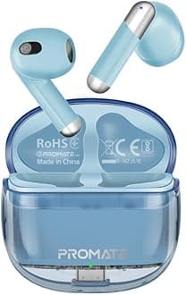 Promate Earbuds, In-Ear True Wireless Bluetooth v5.3 Earphones, Transparent Case, 26-hour Playback Time, Intelligent Touch Controls, 350mAh Battery Capacity for iPhone 16,Galaxy S24, RANSPODS (Blue)