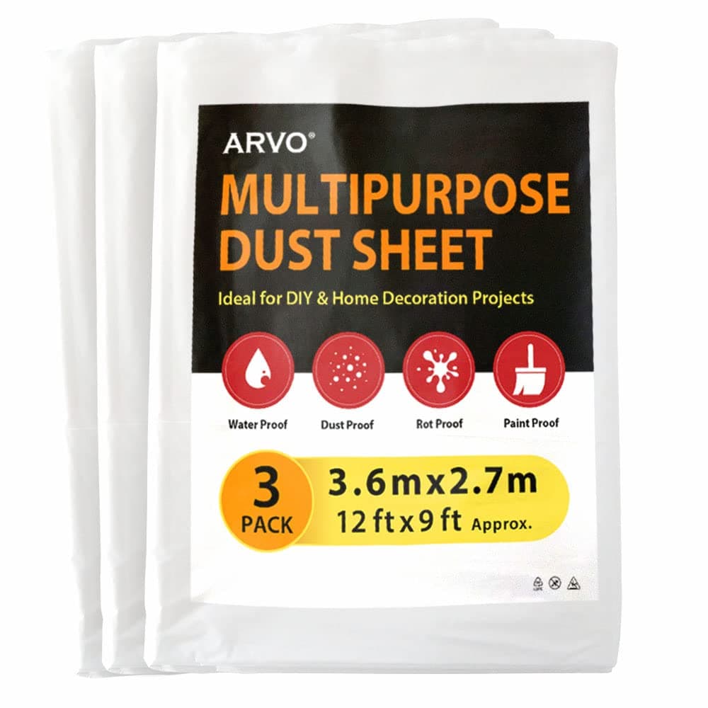 3 Pack Extra Large Plastic Dust Sheets for Decorating - 3.6m x 2.75m (12ft x 9ft), Waterproof Polythene for Painting, Furniture, Floor Protection, Ideal with Paint Coveralls