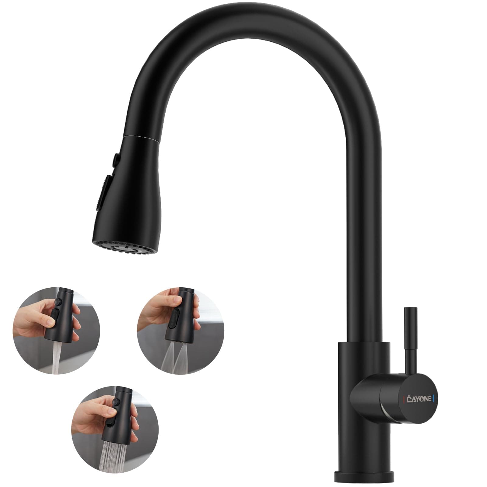 Matte Black Kitchen Faucet with 3-Modes, High Arc Kitchen Sink Mixer Tap with Pull Down Sprayer, 1 Hole Stainless Steel Kitchen Sink Faucet, 0012MB