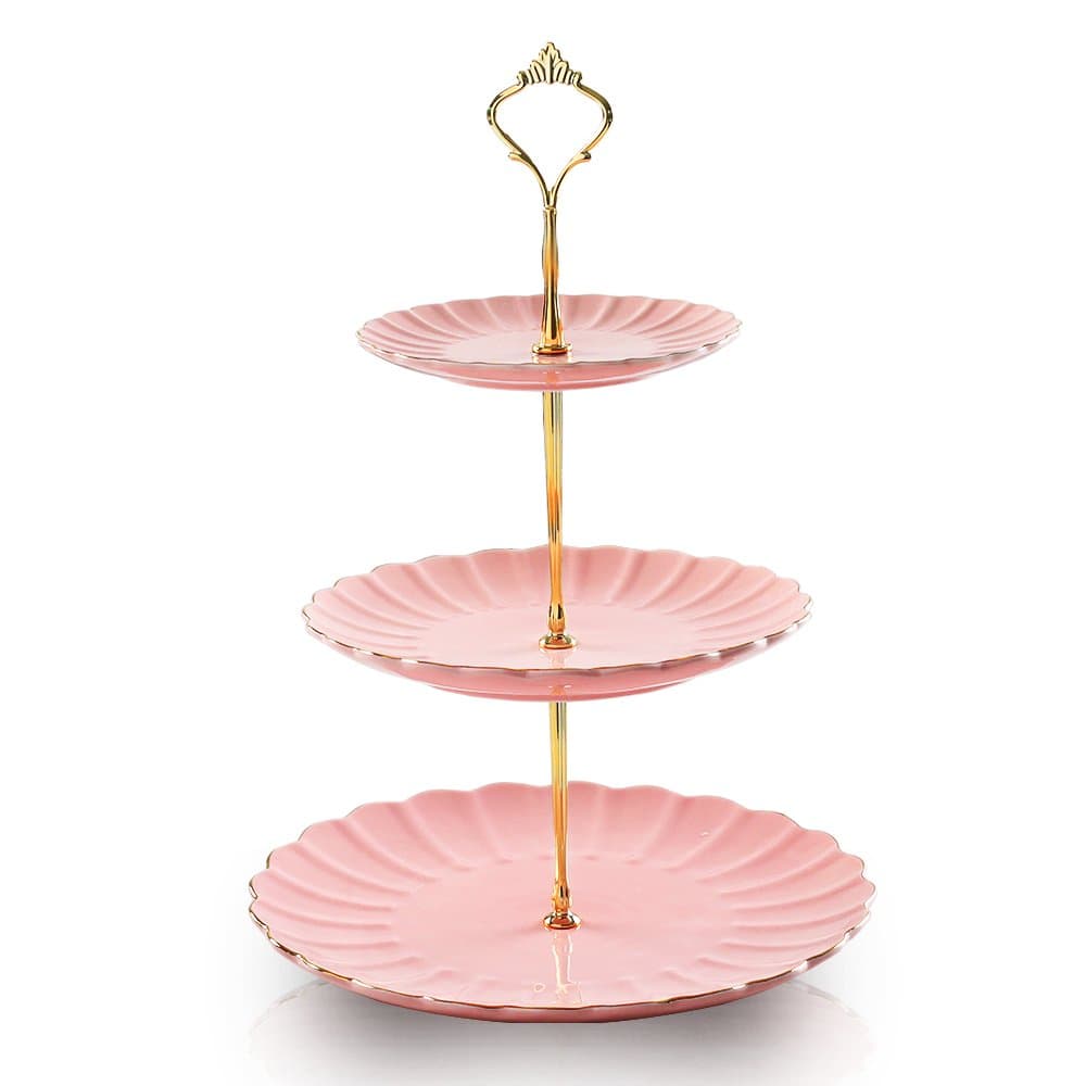 3 Tier Ceramic Cake Stand Wedding, Dessert Cupcake Stand for Tea Party Serving Platter (Pink)