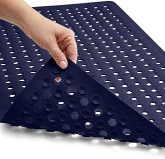 GORILLA GRIP Patented Bath Tub Shower Mat, Machine Washable Bathtub Floor Liner Mats, Suction Cups and Drain Holes to Keep Tubs Clean, Soft on Feet, Bathroom Essentials, 35x16 Inch, Navy Opaque