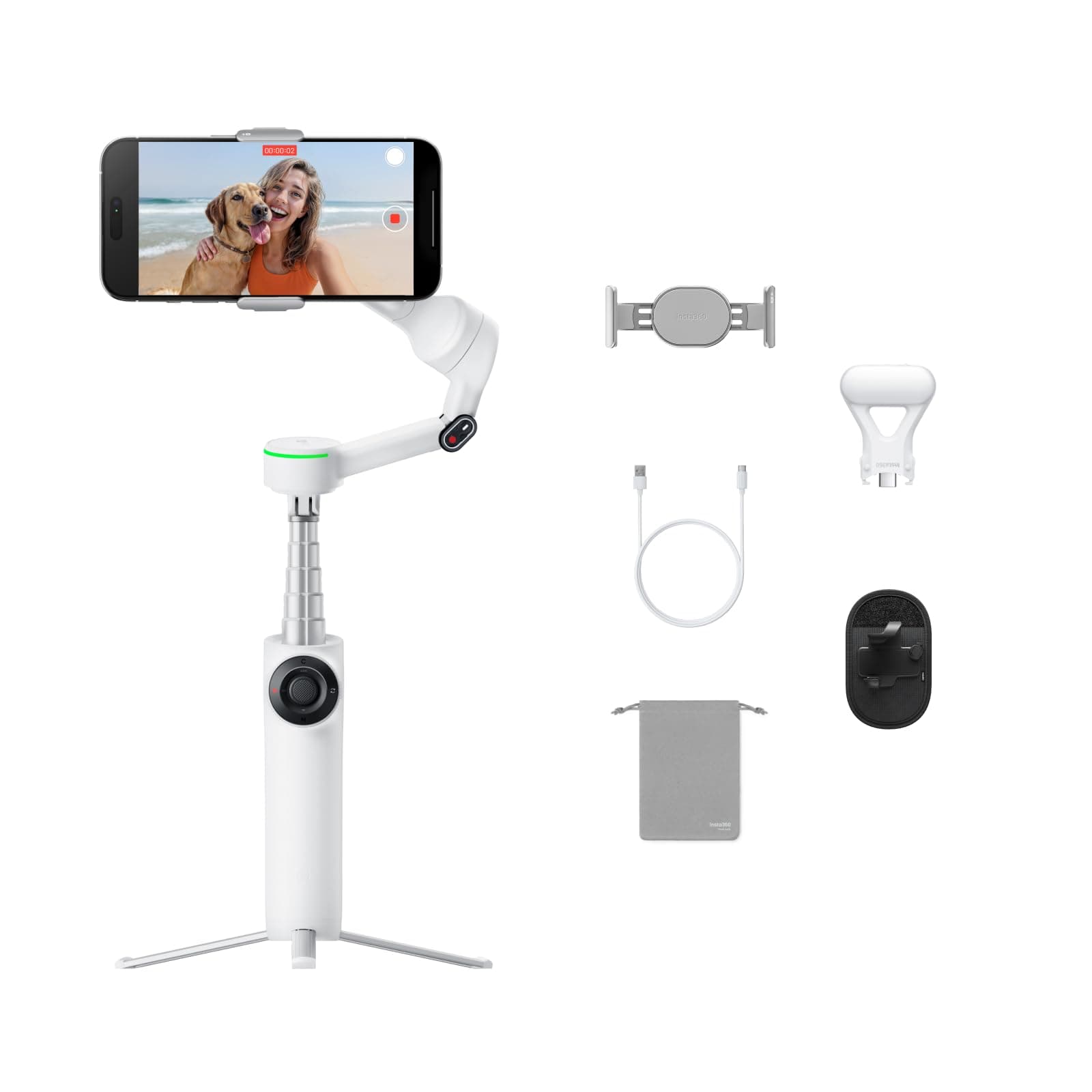 Flow 2 Pro Vlog Bundle White - Foldable AI Phone Gimbal, Track in 200+ Apps with Apple DockKit, 360º Pan Tracking, Built-in Tripod/Selfie Stick, Remote Control, Spotlight/Backpack Mount