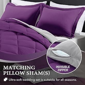 downluxe Lightweight Solid Comforter Set (Queen) with 2 Pillow Shams - 3-Piece Set - Purple and Grey - Down Alternative Reversible Comforter