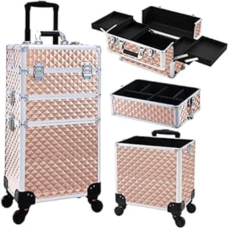 FRENESSA 3 in 1 Rolling Makeup Train Case Professional Cosmetic Trolley Large Storage for Beauticians, Hairstylists, Nail Tech Students with Swivel Wheels Salon Barber Case Traveling Cart Trunk, Rose