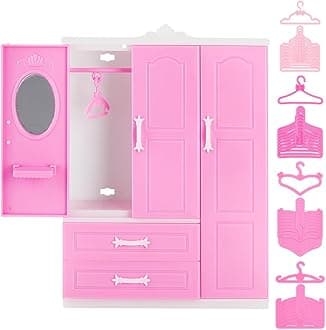 Mini Closet Furniture Wardrobe Clothing Organizer Open Wardrobe with 40PCS Clothes Hangers 4 Styles Pink Miniature Hangers Mini Furniture Clothing Organizer