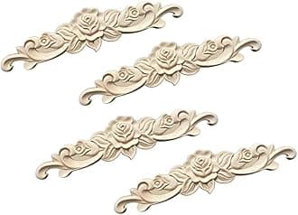 4 Pcs Wood Carved Decal British Farmhouse Style Wood Carving Wooden Roses Decorative Mouldings Furniture Wood Carved Rose Applique for Furniture Bed Door Decoration(30 * 7cm)
