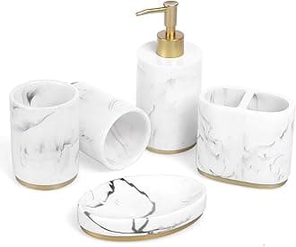 Haturi Bathroom Accessories Set, 5 Pcs Marble Look Bathroom Sets for Counter Top Restroom Apartment Decor Stuff, Imitated Resin Kits, Gift for Women and Men-Ink White with Gold