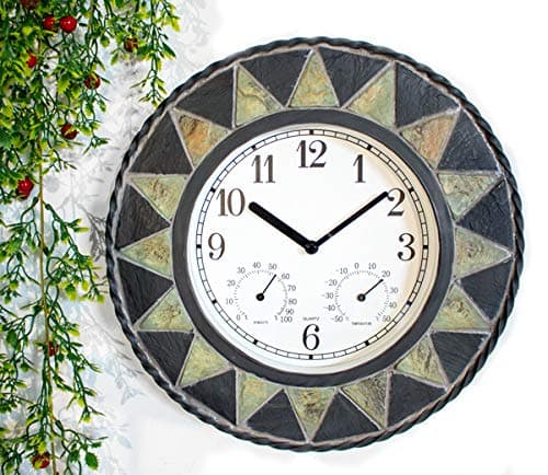 About Time 30cm Slate Effect Patterned Outdoor Garden Clock with Thermometer