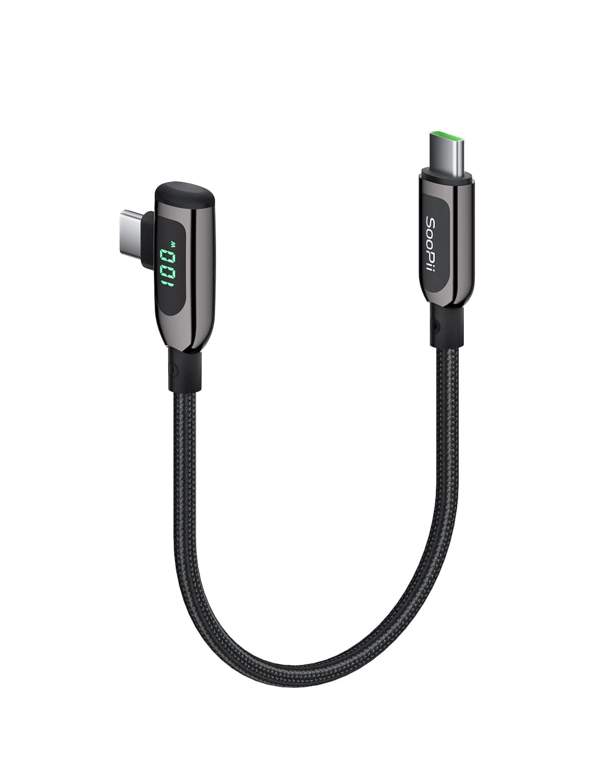 100W Right Angle USB C to USB C Cable, 1FT Zinc Alloy Braided Type-C Cable with LED Display for lPad Mini/Air/Pro, MacBook Pro, Galaxy S24/S23/S22/S10, Pixel, LG
