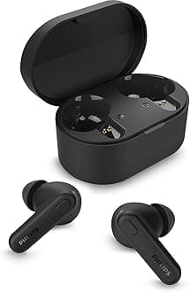 Philips TAT1108BK/00 True Wireless Earbuds, in-Ear v5.3 Earphones with Mic, 15H Play Time, Shank Shape, IPX4, Touch Controls & Charging Case for iPhone/iPad (Black)
