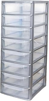 SIDSONS 8 Drawer Plastic Storage Organizer tower unit | A4 Storage Drawers for Desktop Table Small | Chest of Drawer Bedroom Small Cosmetics Stationary Organizer for Storage Solution 8 Tier Sliver