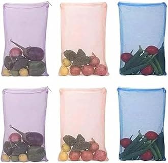 Clazkit Set Of 6 Reusable Fridge Storage Bags For Vegetables and Fruits Dual Layer Mesh Net Multipurpose Multi-Size Kitchen Storage Bags Organizer with Sturdy Zipper