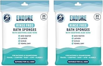 Endure Rinse Free Bath Shower Sponge - Body Wash Wipes for Bathing - Perfect for Camping, Festivals, Gym & Travel - Dry Wipes with Gentle Cleansing Soap. Just add Water. Twin Pack (25 Per Pack)