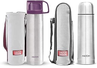 Milton Glassy Flask 1000ml Vaccum Flasks - Purple + Milton Thermosteel Plain Lid 1000 Flask , 1 Litre, Silver