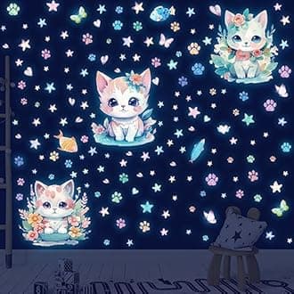 Glow in The Dark Stars for Ceiling Cat Wall Stickers Butterfly Wall Decals Stars Luminous Wall Decor for Boy and Girl Baby Kids Bedroom Living Room Nursery Blue