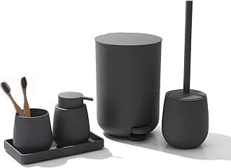 Grey Bathroom Accessories Set with Small Trash Can 3 Liter/0.8 Gallon,Toothbrush Holder,Soap Dispenser,Vanity Tray,Toilet Bowl Brush and Holder Grey 5PCS