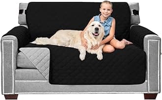 Sofa Shield Loveseat Slip Cover with Patented Strap, Cushion Protector, Reversible Stain and Dog Tear Resistant Slipcover, Quilted Microfiber 54in Seat, Washable Covers for Dogs Pets Kids, Black Gray