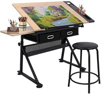 MDF Drafting Draft Table Art & Craft Drawing Desk Folding Adjustable Craft Table w/Stool and 3 Storage Drawers (#3)