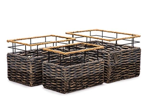 Set of 3 Strong Stylish Rectangular Handmade Accent Storage Bin Baskets- Organic Hyacinth– Luxury Woven Organizer Decor For Living, Bedrooms Kids Rooms- Ideal For Toys, Baby Nursery and Magazines