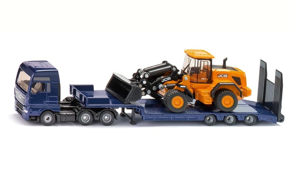 1790, MAN lorry with low loader and JCB wheel loader, 1:87, Metal/Plastic, Blue/Yellow, Folding ramp, Movable loading arm