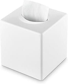 Tissue Box Cover, Square Facial Tissue Holder Storage for Bathroom Vanity, Countertops, Dressers, Night Stand, Parlors and Offices - White