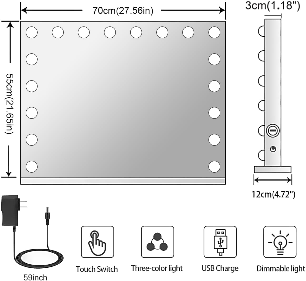 Kottova Vanity Mirror with Light Large Makeup Mirror, 27.5" x 21.6" Hollywood Lighted Mirror with 18 LEDs, 3 Color Modes, Touch Control, USB Charger Port, Removable 10x Spot Mirror, Metal Frame