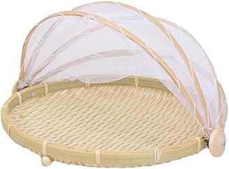 Bamboo Tent Basket Food Serving, Mesh Cover, Hand Woven Insect Bug Proof, Dustproof Fruit Vegetable Bread Storage Container for Picnic, Outdoor, Home Drying (Round,M)