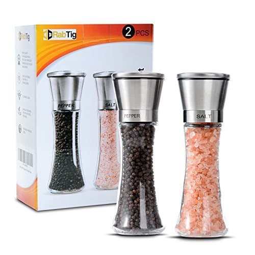 Salt and Pepper Grinder Set Manually Spice Grinder Pepper Mill and Salt Mill - Best for Kitchen –Glass and Stainless Steel-Ceramic Rotor for Salt - Carton Steel for Pepper - Adjustable Coarseness