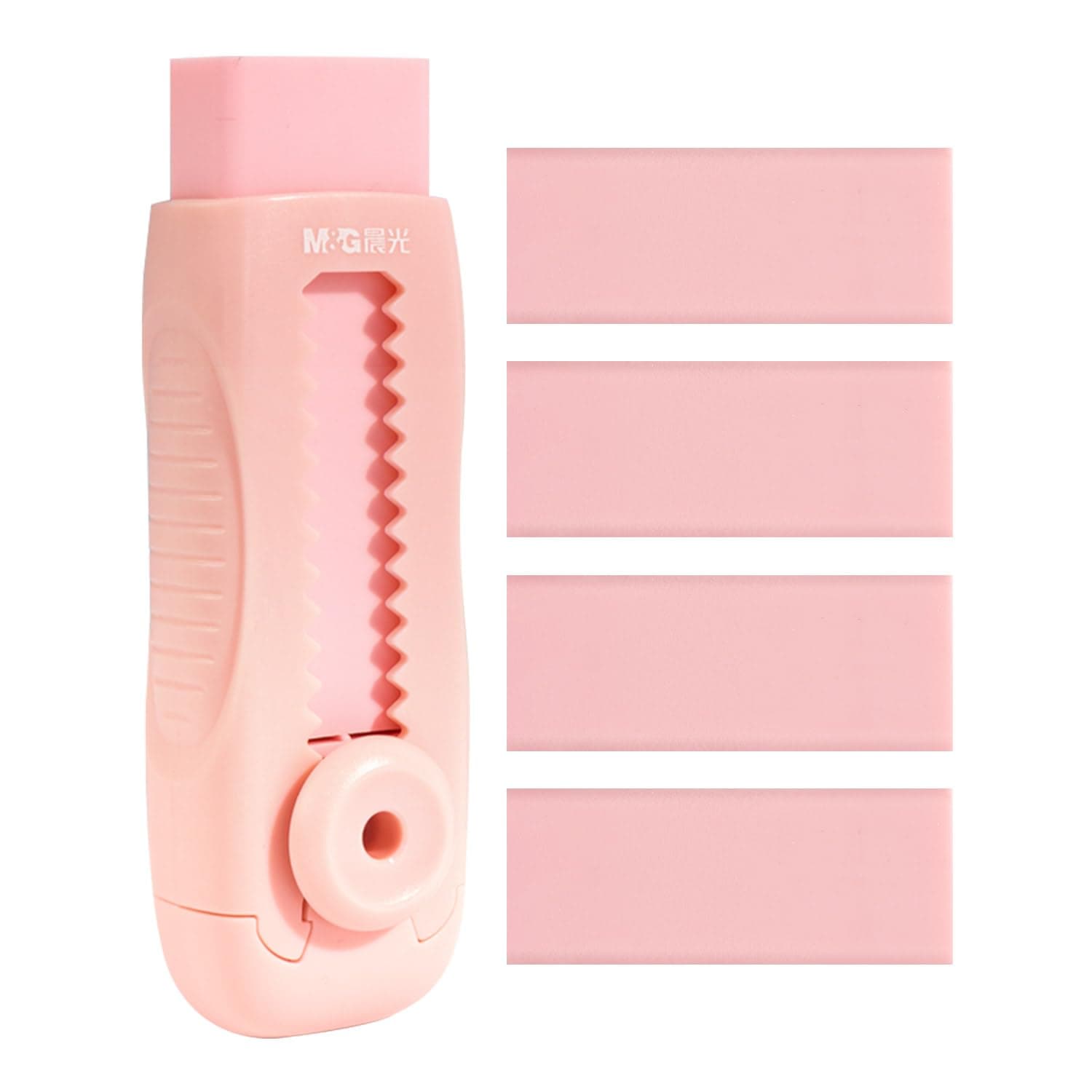 M&G 4+1 Pack Rubber Pink Erasers Sliding Retractable Eraser, Soft Cute Erasers Push Pull Large Pencil Erasers with Plastic Sleeve 4 Refill Eraser for School Students Kids Office Home Supplies