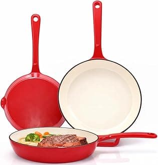 Hisencn Enameled Cast Iron Frying Pan Set, 3 Piece Set of 8''/9.5''/11'' Skillets, PFAS & PTFE & PFOA Free, Gas/Induction/Electric/Oven Compatible, Rouge Red