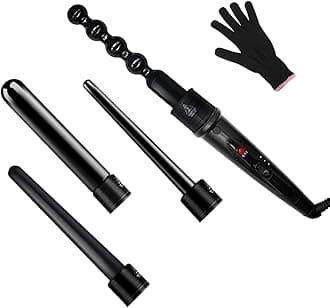 6 in 1 Curling Iron Wand Set with 6 Interchangeable Ceramic Barrels and Heat Protective Glove (Black-6in1) (Black-4)