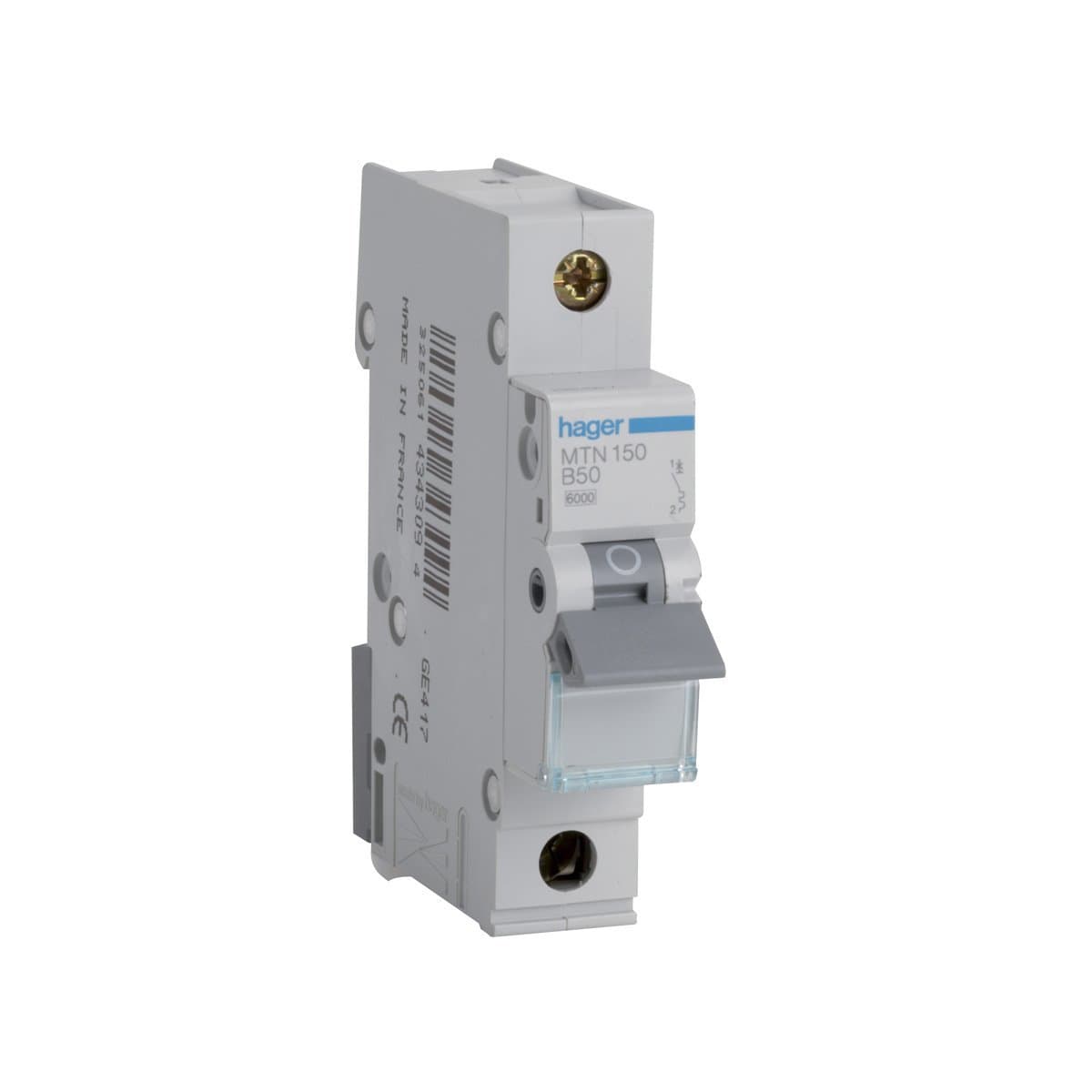MTN150 Miniature Circuit Breaker, 1 Pole, 1 Module, Type B, 6 kA Breaking Capacity, 50 A Current