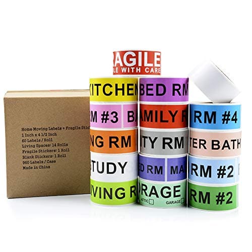 MFLABEL 960 Count Home Moving Color Coding Labels, [14 Different Living Spaces + 1 Roll Handle with Care + 1 Roll Blank Stickers, 16 Rolls Total, 60 Labels/Roll, 1 Inch Height X 4.5 Inch Width]