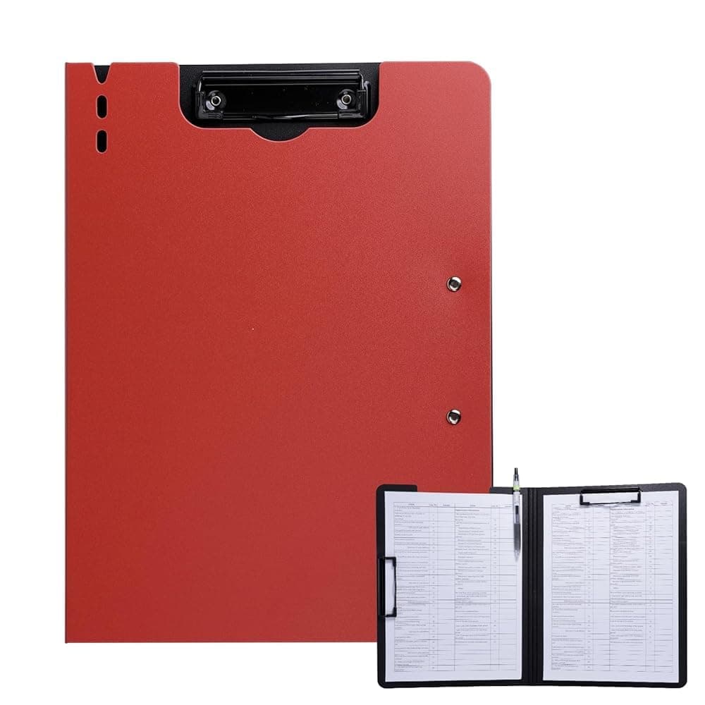 FRETONBA Clipboard Folder, A4 Foldable Clipboard with Horizontal and Vertical Double Metal Clips, 360 Degree Foldable Binder Clipboards with Pen Holder, File Cover Work Folder Clipboards, Red