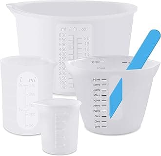 JULBEAR Silicone Resin Measuring Cups 4 Pcs 600ml & 500ml & 250ml & 100 ml Silicone Cups for Resin and 1 Pcs Silicone Stir Stick for Epoxy Resin Mixing, Molds, Jewelry Making, Waxing, Easy Clean