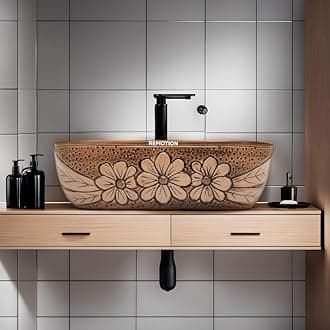REMOTION Wooden Style Designer Wash Basin Countertop | Tabletop Ceramic Bathroom Sink | Wash Basin For Bathroom (18 x 13 x 5.5 Inch, Wodeen Style Designer Basin 05)