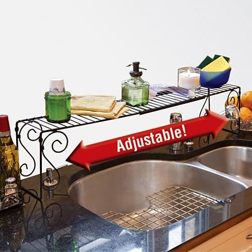 Custom Fit Adjustable Over the Sink Black Metal Organizer Scrollwork Shelf