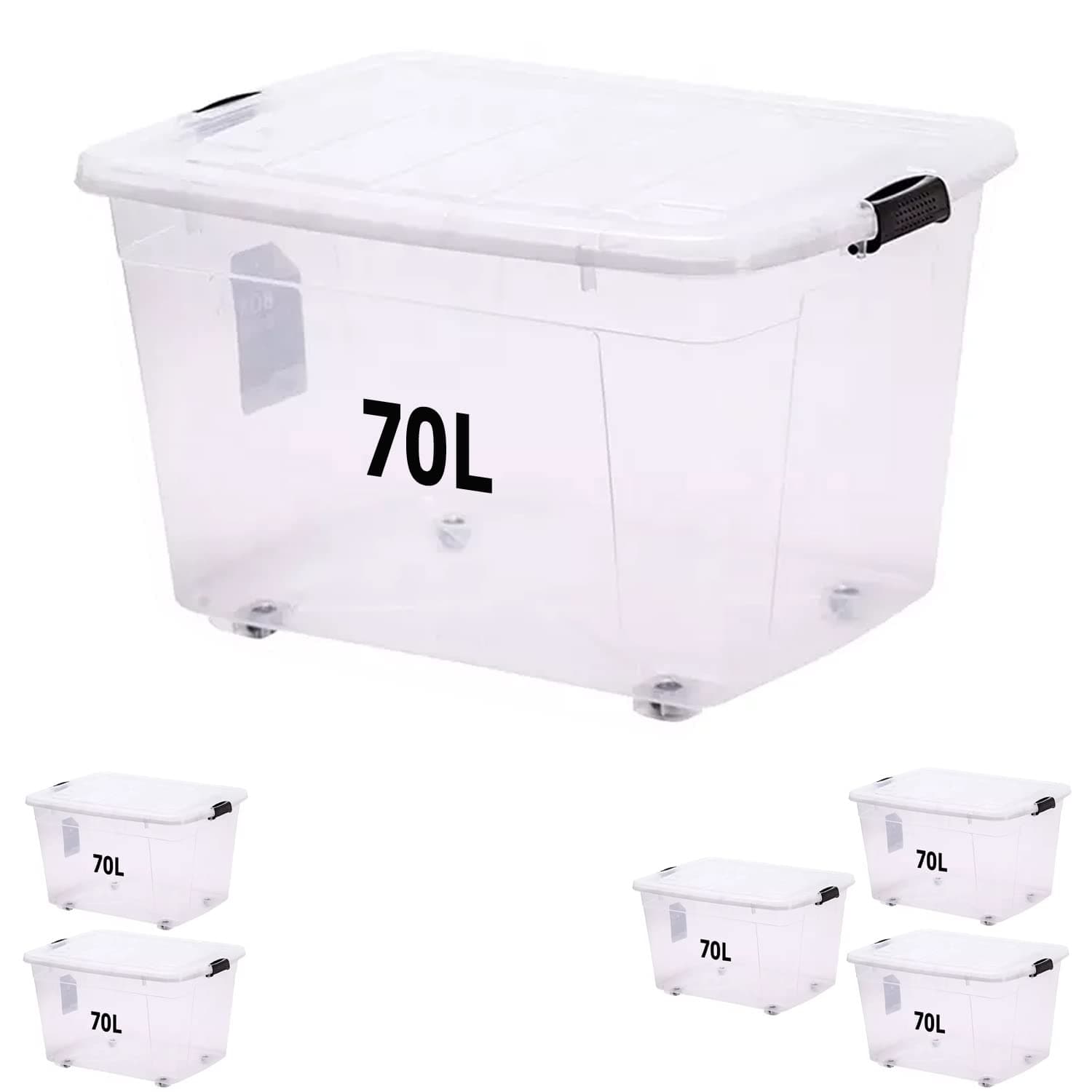 Premify Storage Box 70 L With Lockable Lid & Wheels Clear Plastic Organizer – Transparent Box Storing Clothes, Toys, Tools, Medicine, Office Supplies, Documents, Arts & Crafts, Kitchen Etc.