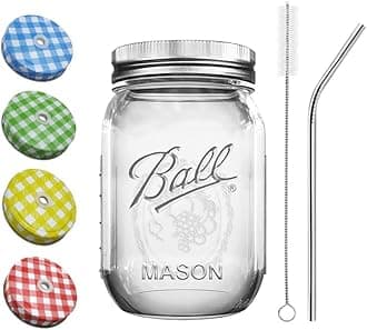 Ball Mason Jar With Bent Stainless Steel Straw | 1 Extra Random Coloured Lid With Hole | 473 Ml | Wide Mouth | Minimal And Multi-Purpose Jar Container For Storage, Diy And Much More (1), Blue