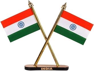 Indian Flag Hindustan Tiranga for Car Dashboard Table Home Decoration Decor Cross Design Stand - Double Sided Cross Flag Stand
