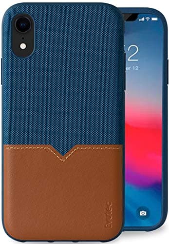 Evutec Compatible with iPhone XR Unique Heavy Duty Case Northill Series Premium Leather + TPU Shockproof Interior Drop Protective Phone Cover- Blue/Saddle (AFIX+ Car Vent Mount Included)