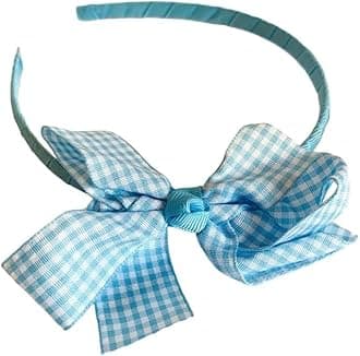 Gingham Hair Accessories for School Alice Band Slim Headband Scrunchy Clips (Light Blue Gingham Bow Alice Band)