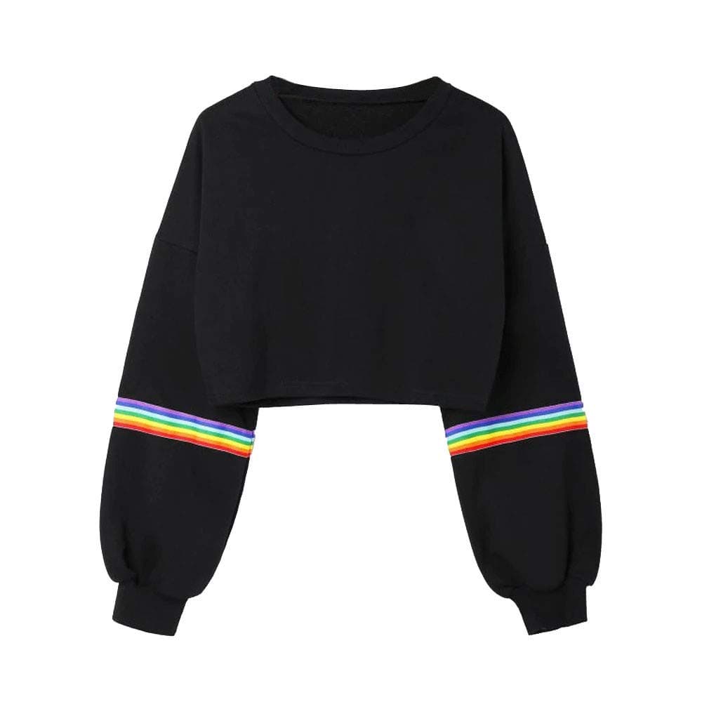 Meikosks Women's Crop Short Sweatshirt Striped Patchwork Long Sleeve Pullover Black Jumper Tops