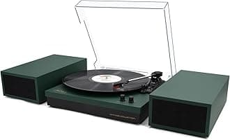 LP&No.1 Wireless Turntable with Stereo Bookshelf Speakers, Retro Record Player with Wireless Playback, 3 Speed Belt-Drive Vintage Turntable with Auto Off, Vintage Green Wood