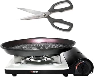 TECHEF - Stovetop Korean BBQ Non-Stick Grill Pan with Agni Portable Gas Stove Burner, Made in Korea (Set w/BBQ Scissors)