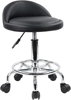 KKTONER PU Leather Round Rolling Stool with Foot Rest Height Adjustable Swivel Drafting Work SPA Task Chair with Wheels (Black)
