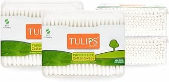 TULIPS Cotton Ear Buds/Swabs (Pack of 4) with white Paper Sticks 200/400 Tips in a Flat Box